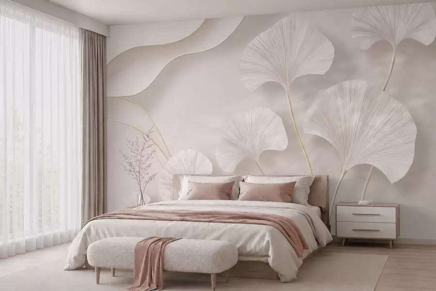 murais de parede Folhas de ginkgo de cor clara contra um fundo suave de mármore w05734v1
