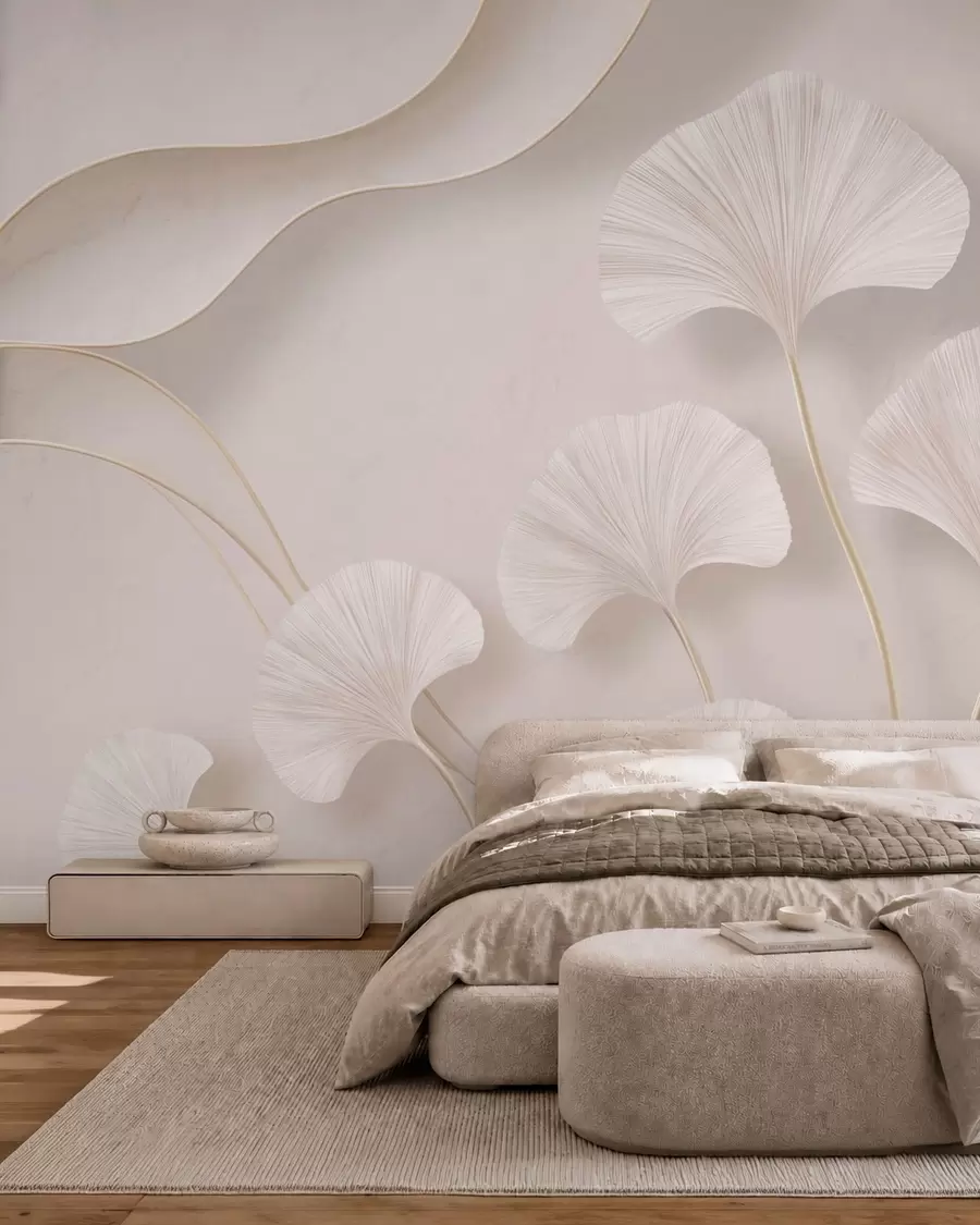 murais de parede Folhas de ginkgo de cor clara contra um fundo suave de mármore w05734v1
