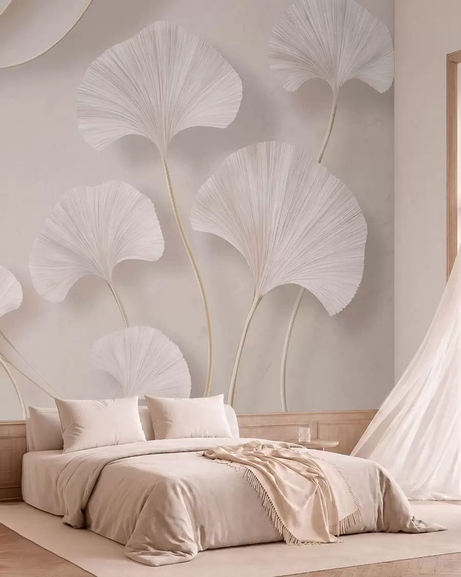 murais de parede Folhas de ginkgo de cor clara contra um fundo suave de mármore w05734v1
