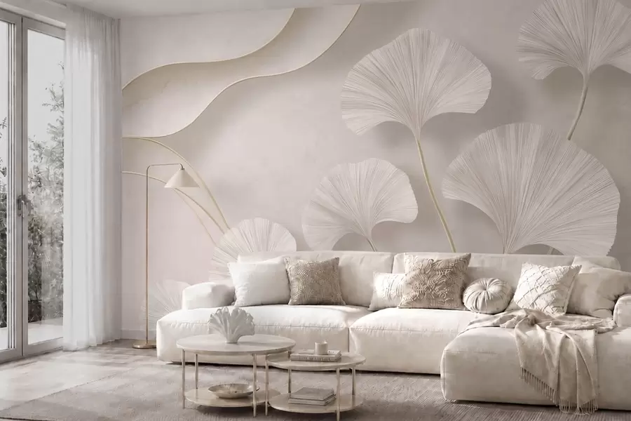 murais de parede Folhas de ginkgo de cor clara contra um fundo suave de mármore w05734v1