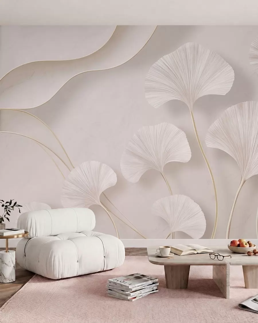 murais de parede Folhas de ginkgo de cor clara contra um fundo suave de mármore w05734v1