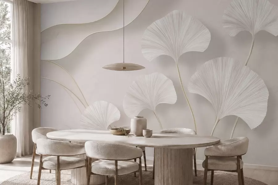 murais de parede Folhas de ginkgo de cor clara contra um fundo suave de mármore w05734v1