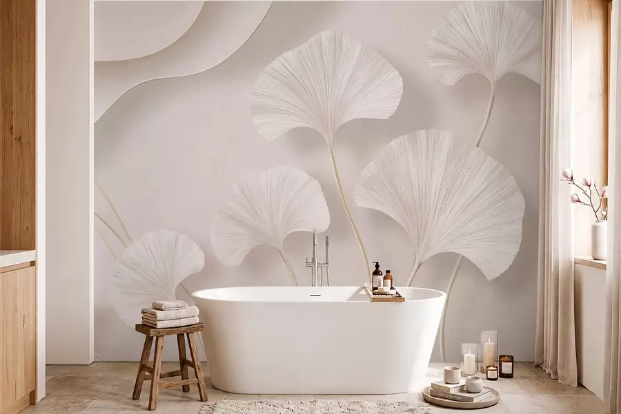 murais de parede Folhas de ginkgo de cor clara contra um fundo suave de mármore w05734v1