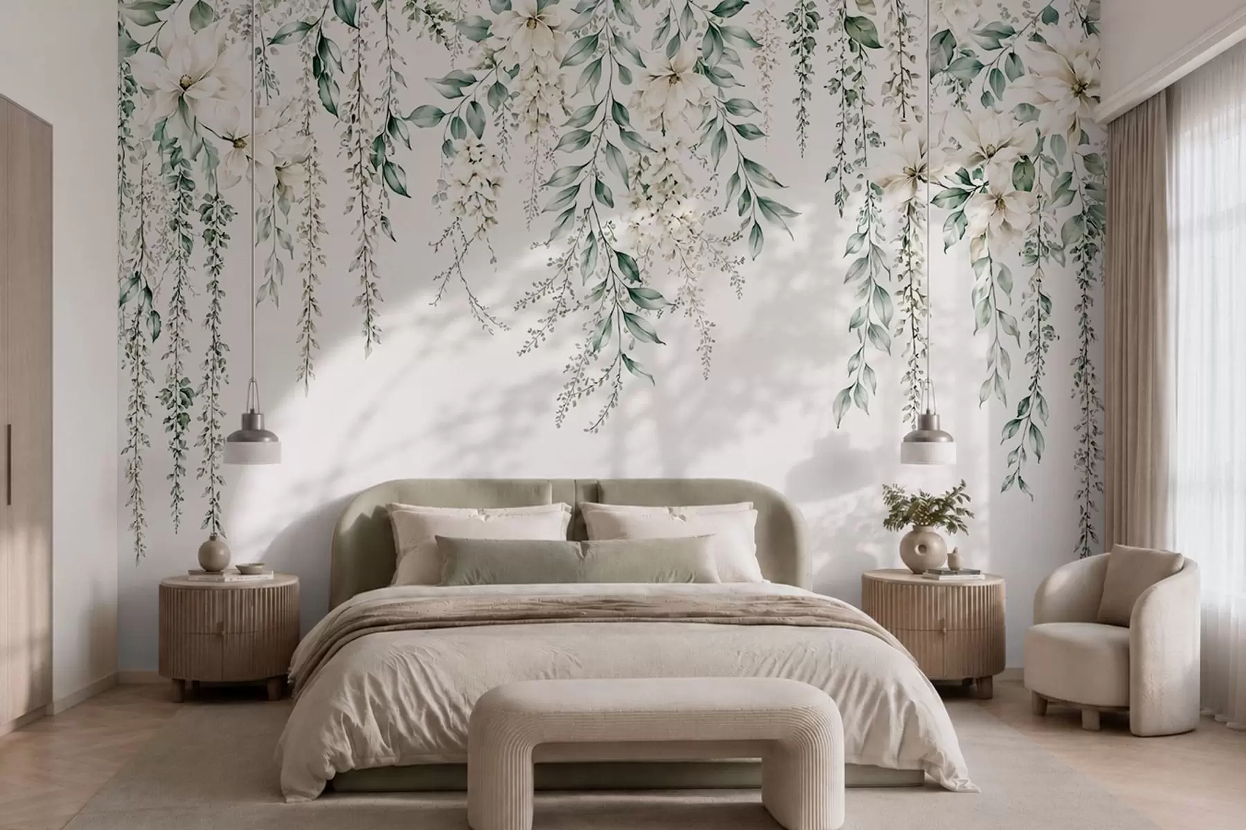 murais de parede Flores em cascata e folhagem verde sobre um fundo claro w05736