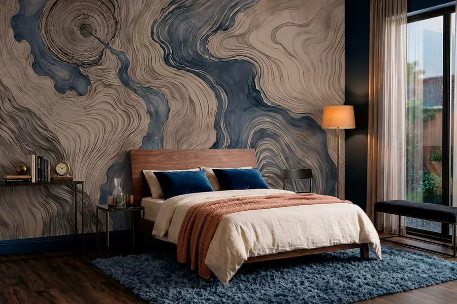 murais de parede Um padrão abstrato com um desenho linear que imita o veio da madeira em tons de azul w05729v1
