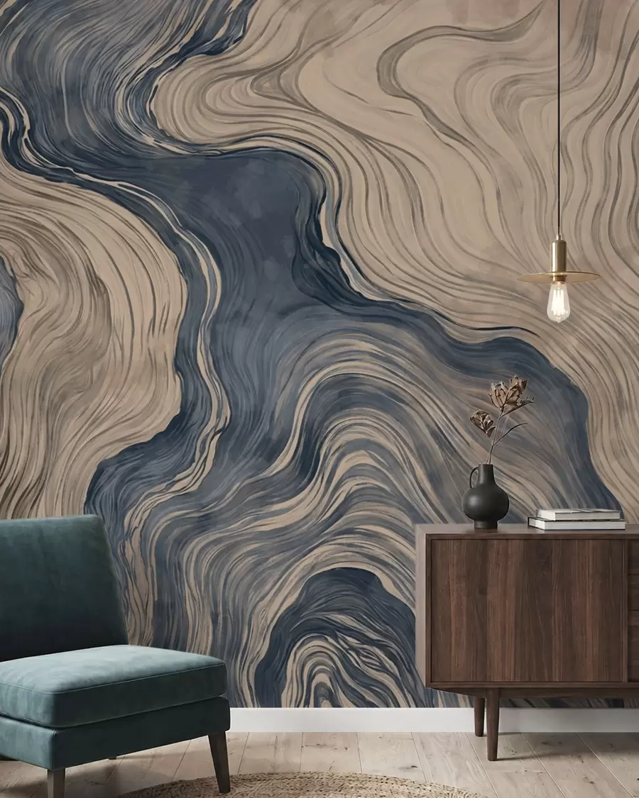 murais de parede Um padrão abstrato com um desenho linear que imita o veio da madeira em tons de azul w05729v1