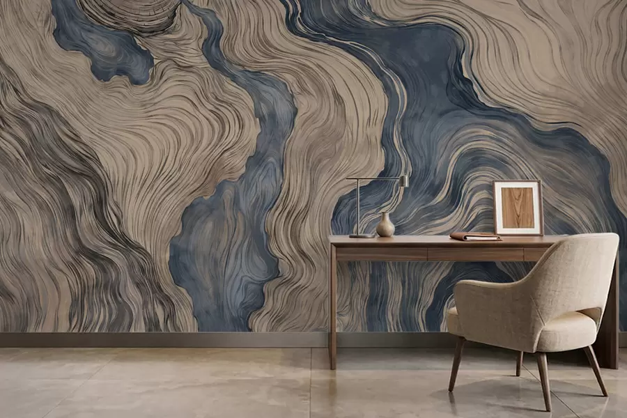 murais de parede Um padrão abstrato com um desenho linear que imita o veio da madeira em tons de azul w05729v1