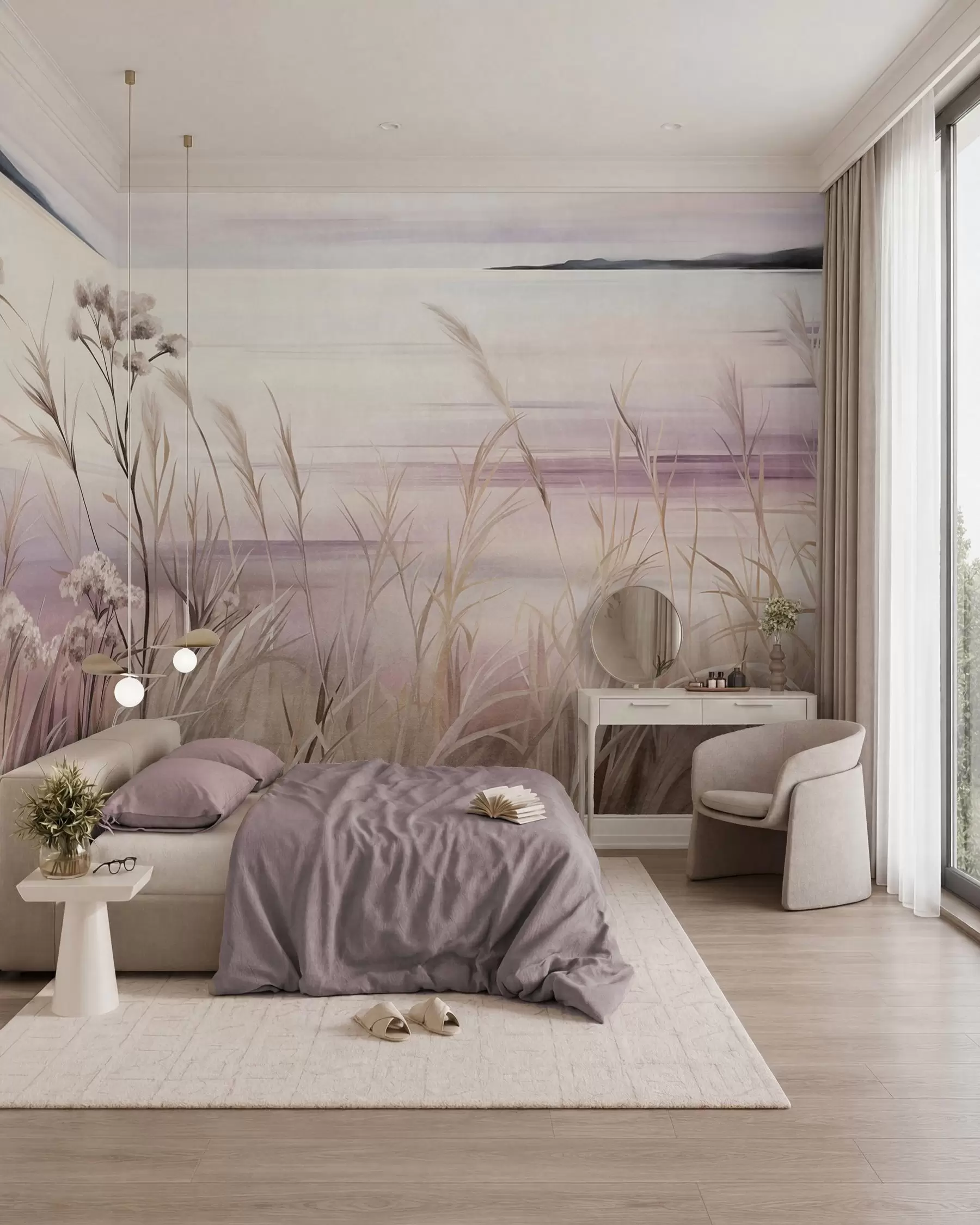murais de parede Paisagem com flores secas e ervas altas junto ao rio, céu suave em tons pastel w09939