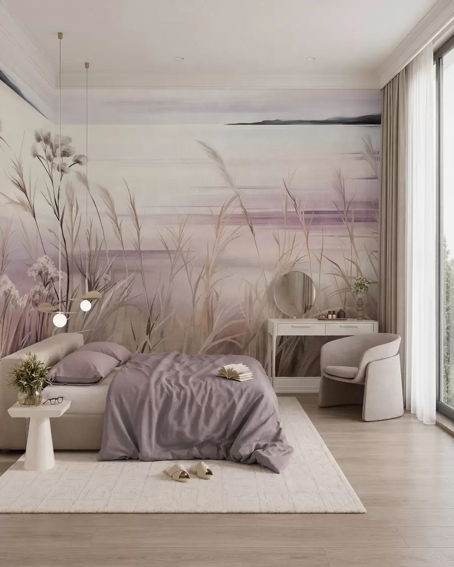 murais de parede Paisagem com flores secas e ervas altas junto ao rio, céu suave em tons pastel w09939