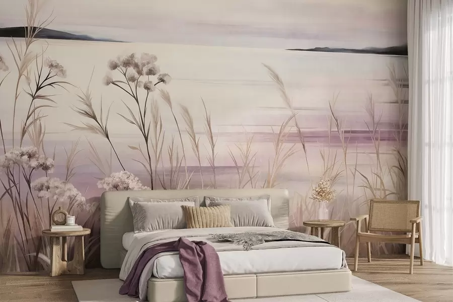 murais de parede Paisagem com flores secas e ervas altas junto ao rio, céu suave em tons pastel w09939