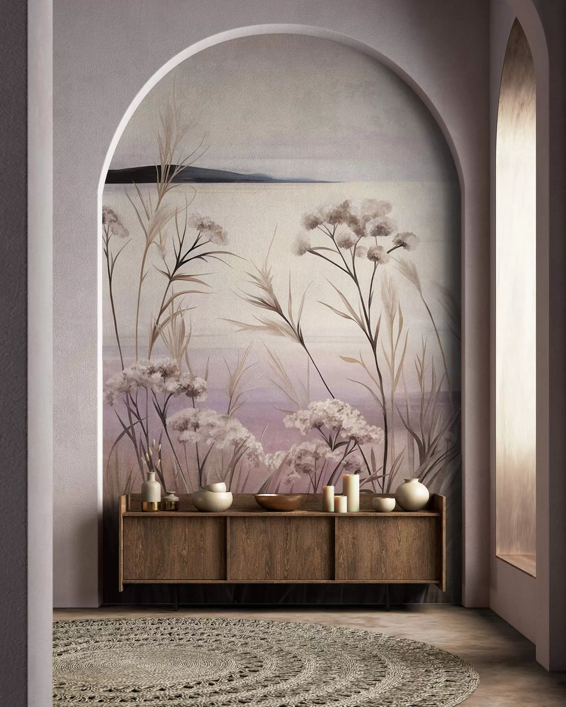 murais de parede Paisagem com flores secas e ervas altas junto ao rio, céu suave em tons pastel w09939