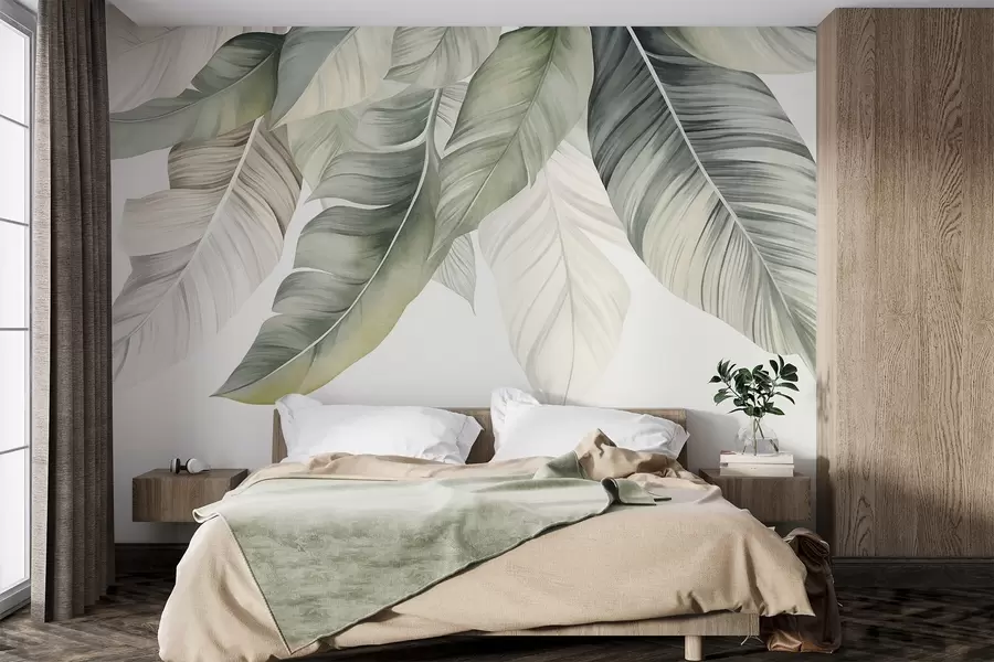 murais de parede Folhas de bananeira grandes, de cor verde-clara, com nervuras detalhadas, arte texturada e fundo claro w09941