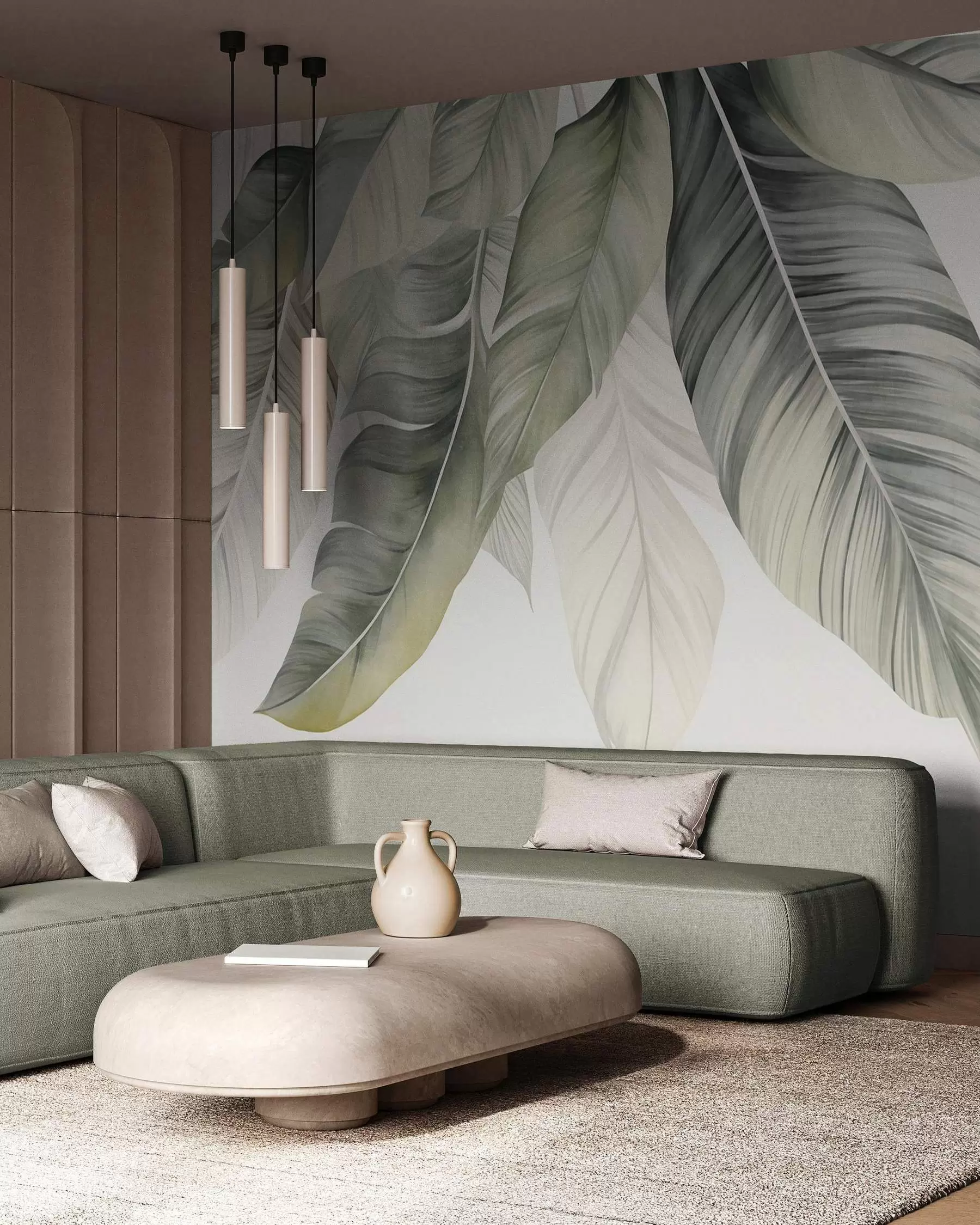 murais de parede Folhas de bananeira grandes, de cor verde-clara, com nervuras detalhadas, arte texturada e fundo claro w09941