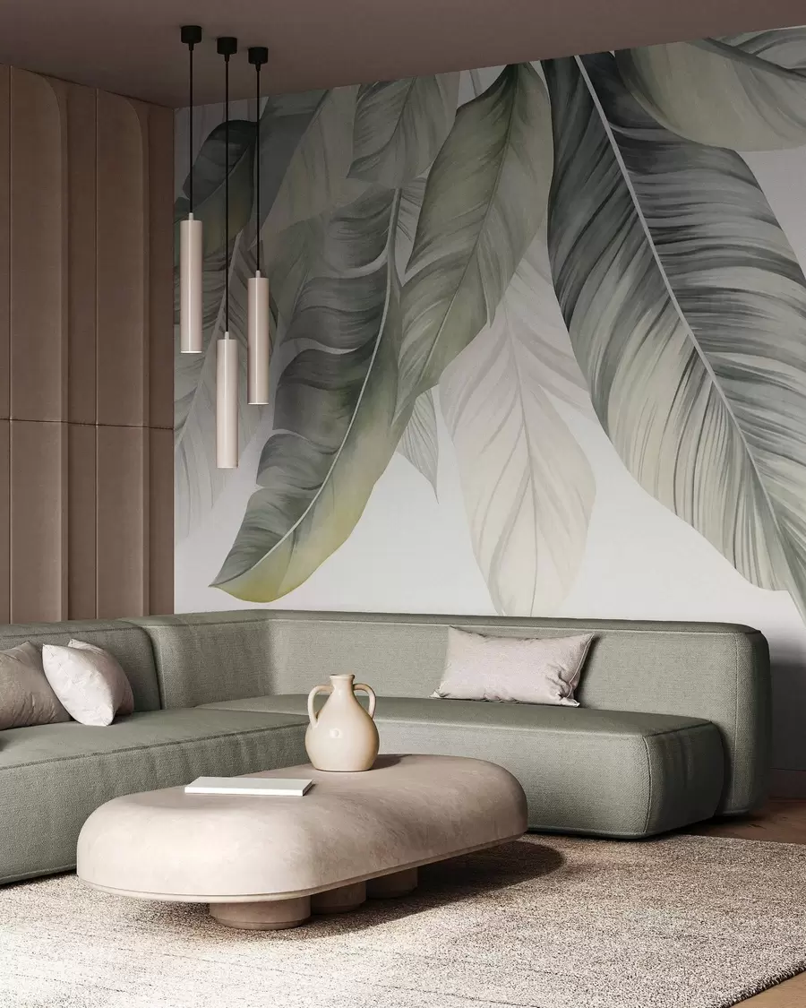 murais de parede Folhas de bananeira grandes, de cor verde-clara, com nervuras detalhadas, arte texturada e fundo claro w09941