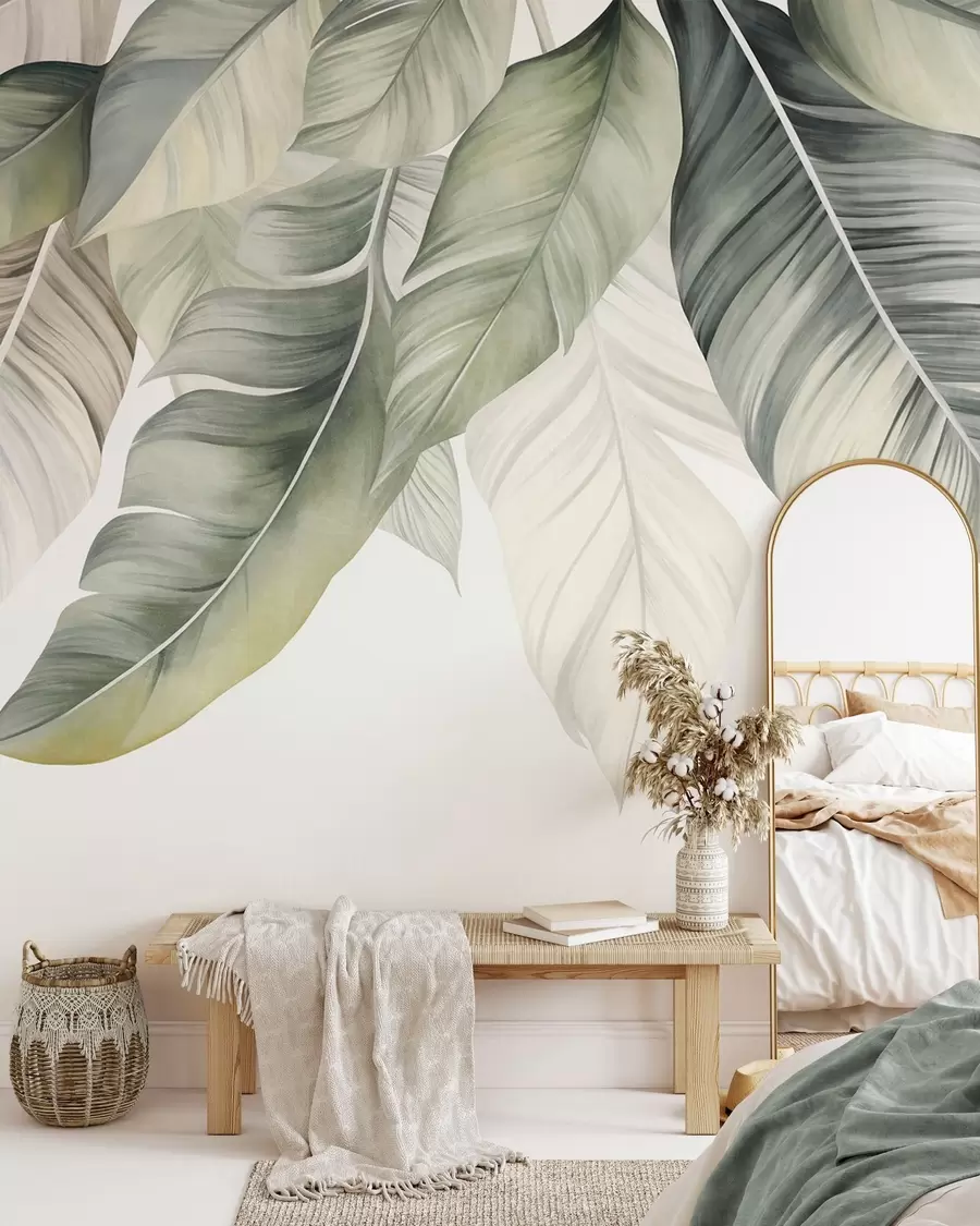 murais de parede Folhas de bananeira grandes, de cor verde-clara, com nervuras detalhadas, arte texturada e fundo claro w09941