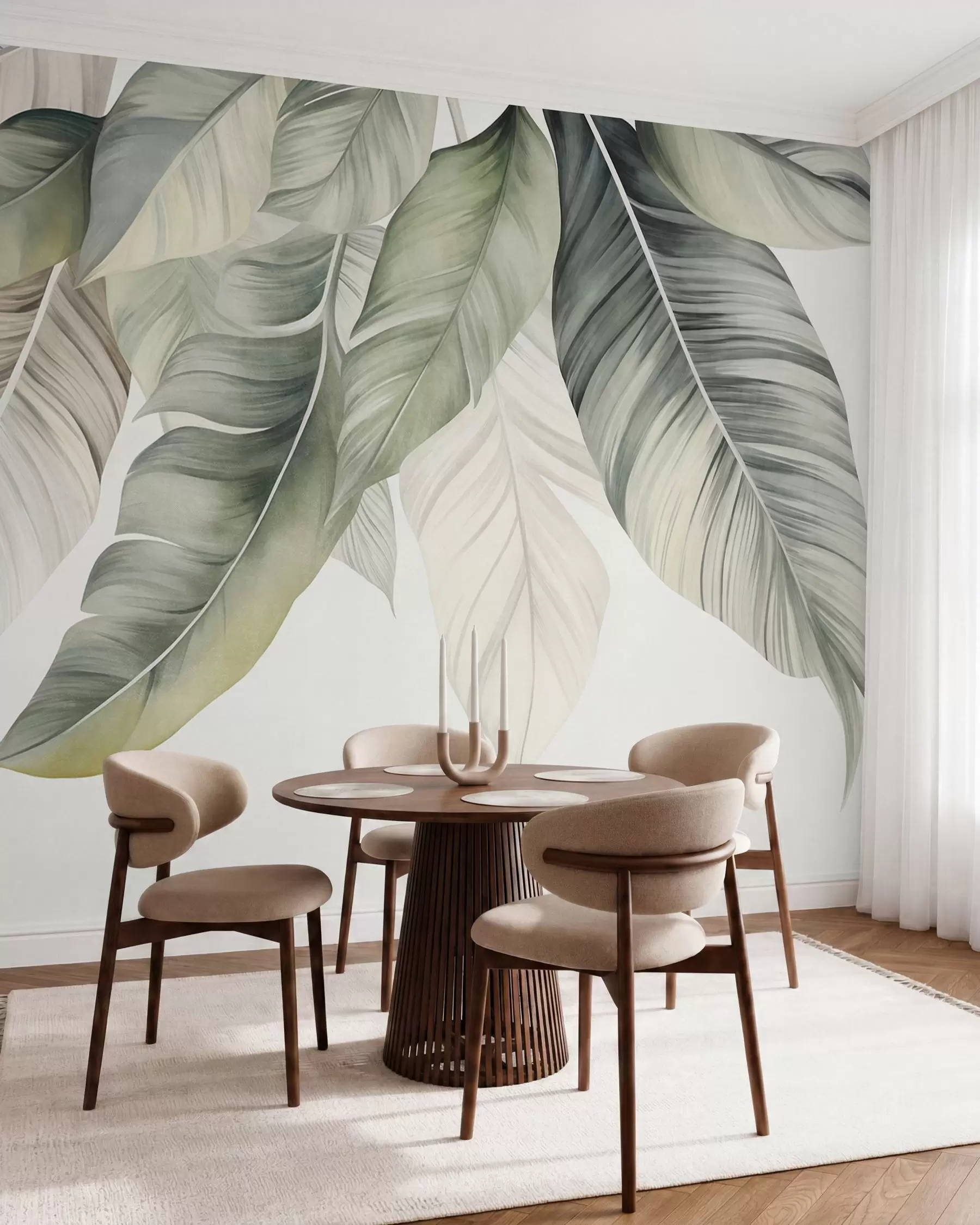 murais de parede Folhas de bananeira grandes, de cor verde-clara, com nervuras detalhadas, arte texturada e fundo claro w09941
