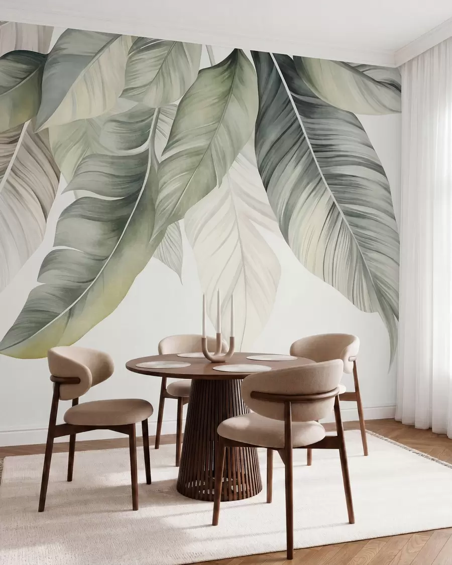 murais de parede Folhas de bananeira grandes, de cor verde-clara, com nervuras detalhadas, arte texturada e fundo claro w09941