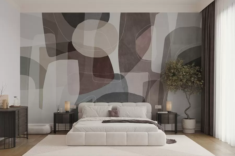 murais de parede Formas abstratas em tons terrosos suaves, com finas linhas brancas e texturas sobrepostas w09942