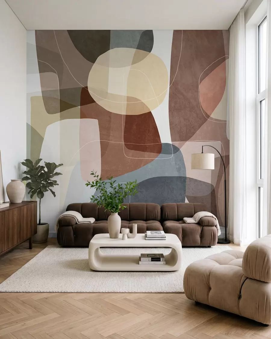 murais de parede Formas abstratas em tons terrosos suaves, com finas linhas brancas e texturas sobrepostas w09942v1