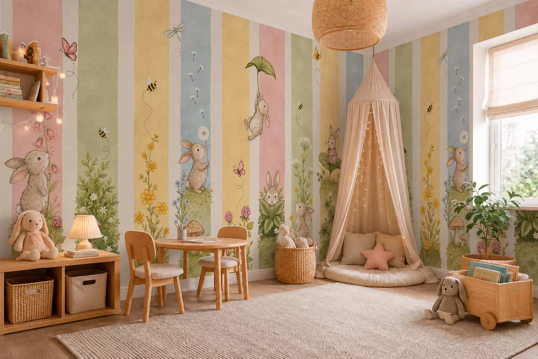 murais de parede Riscas em tons pastel com coelhos, flores, borboletas e abelhas w05730