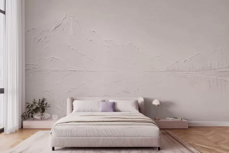 murais de parede Uma paisagem montanhosa em tons de rosa claro, com textura, e um lago que parece um espelho w05739v1