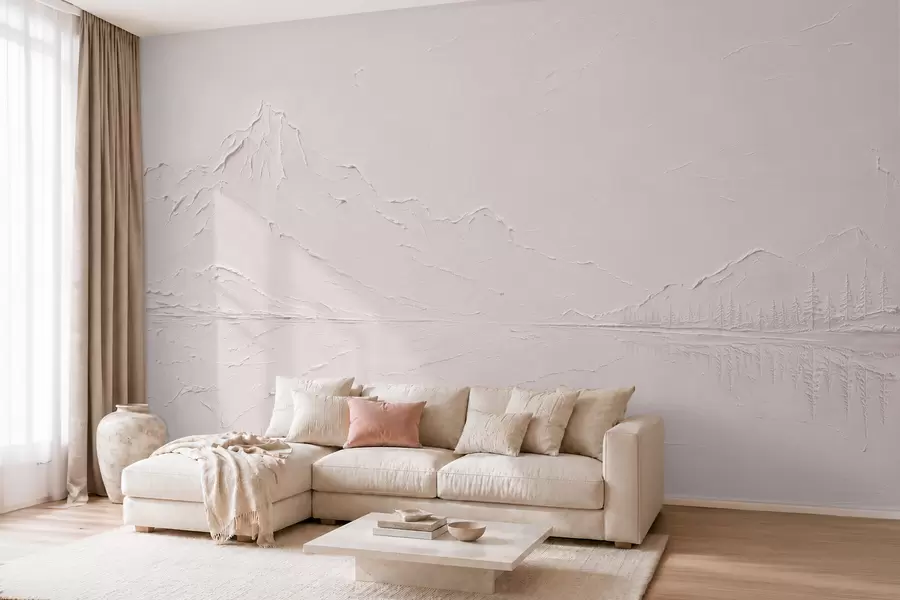 murais de parede Uma paisagem montanhosa em tons de rosa claro, com textura, e um lago que parece um espelho w05739v1