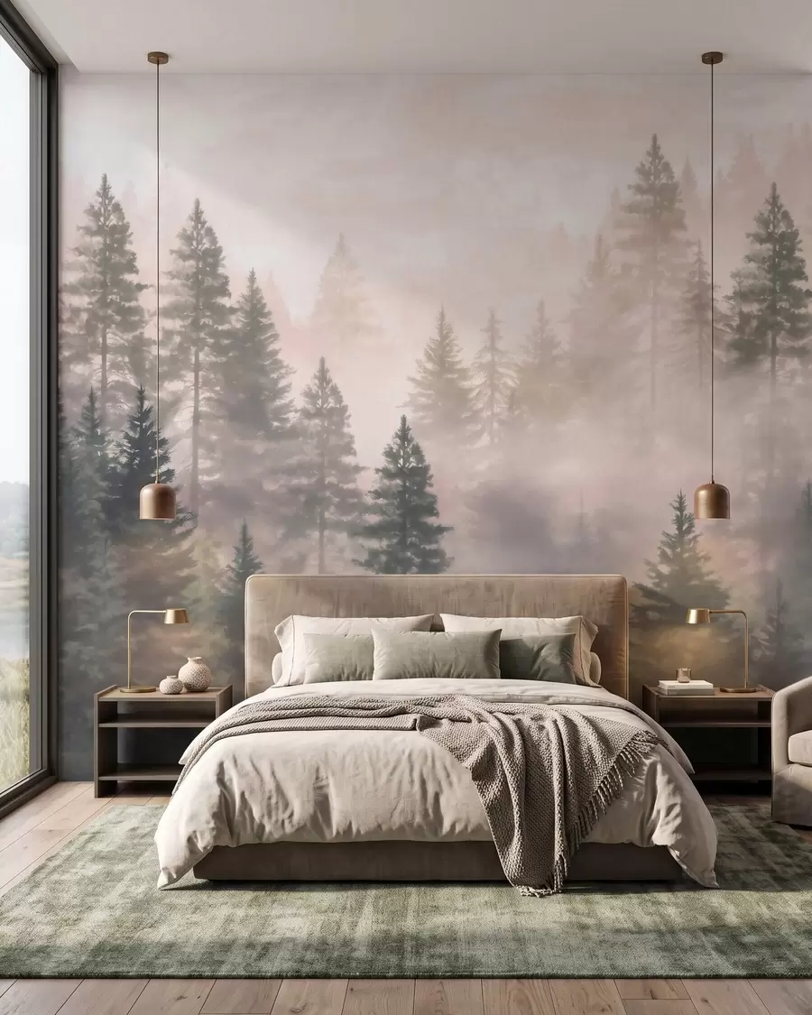 murais de parede Floresta de coníferas enevoada em tons de verde escuro, em estilo aquarela w09929