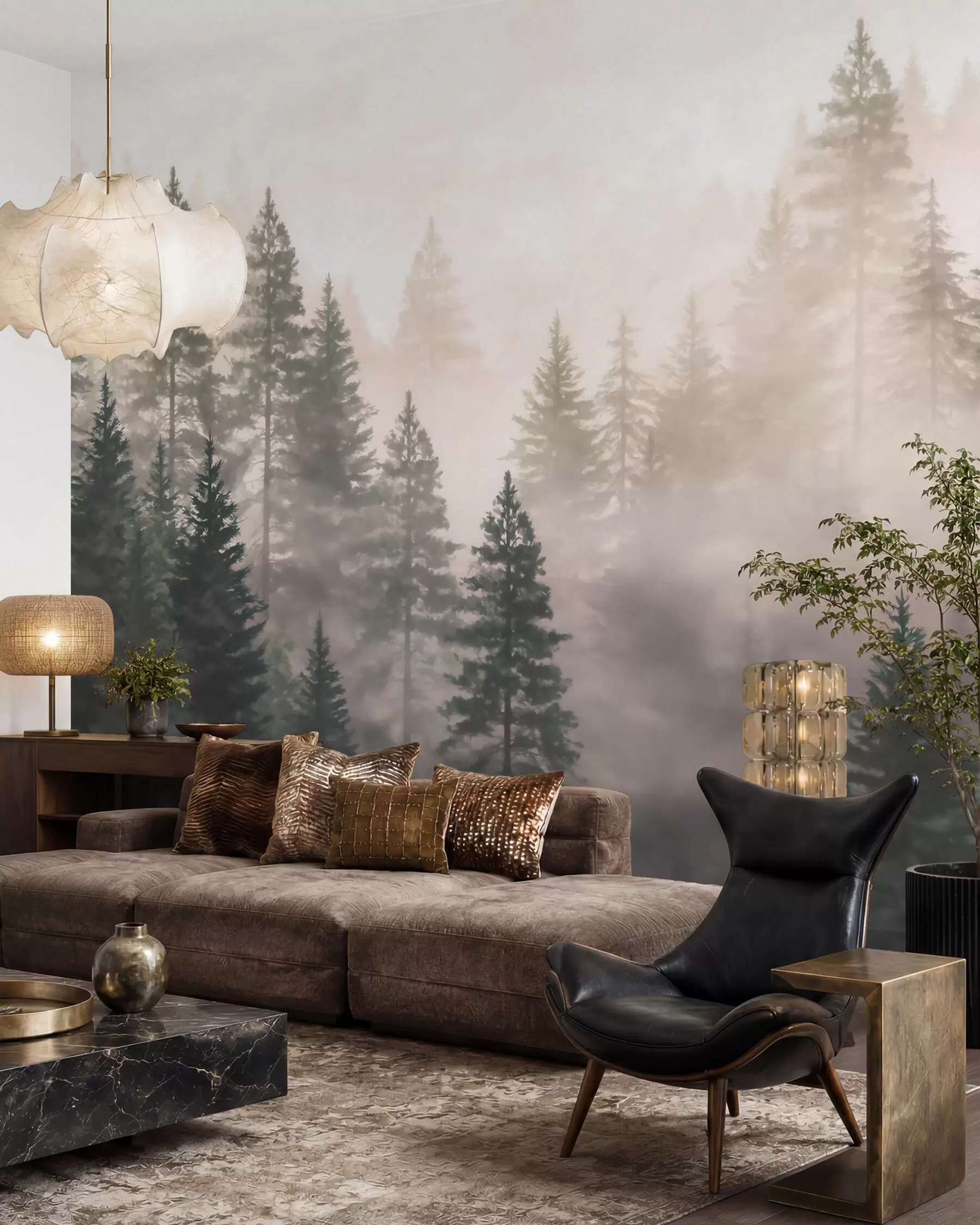 murais de parede Floresta de coníferas enevoada em tons de verde escuro, em estilo aquarela w09929