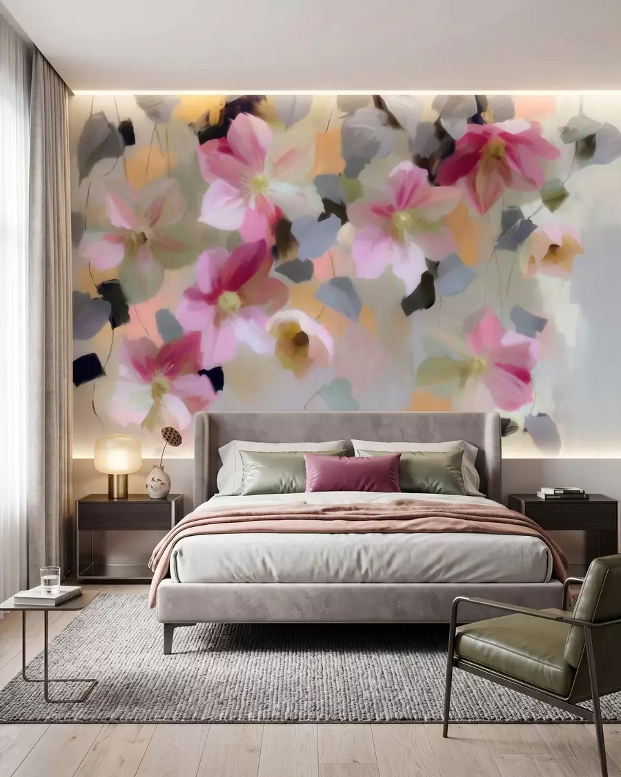 murais de parede Composição luminosa e arejada com flores suspensas em estilo aquarela w09931