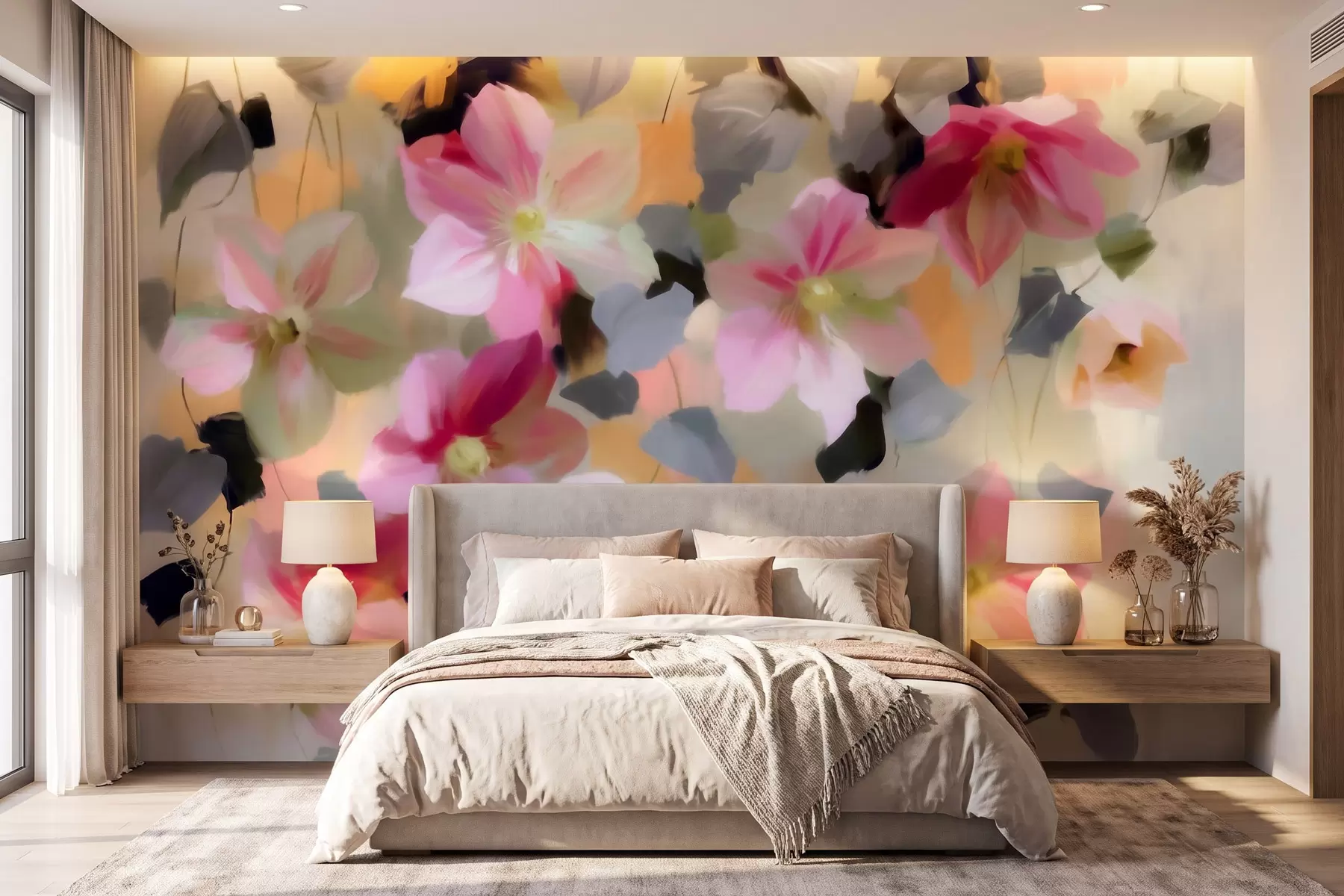 murais de parede Composição luminosa e arejada com flores suspensas em estilo aquarela w09931