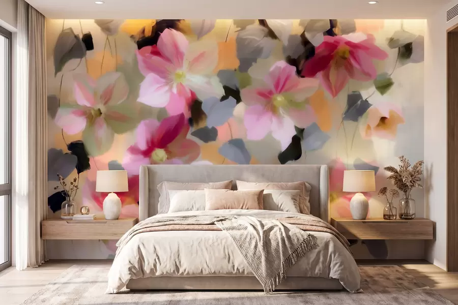 murais de parede Composição luminosa e arejada com flores suspensas em estilo aquarela w09931