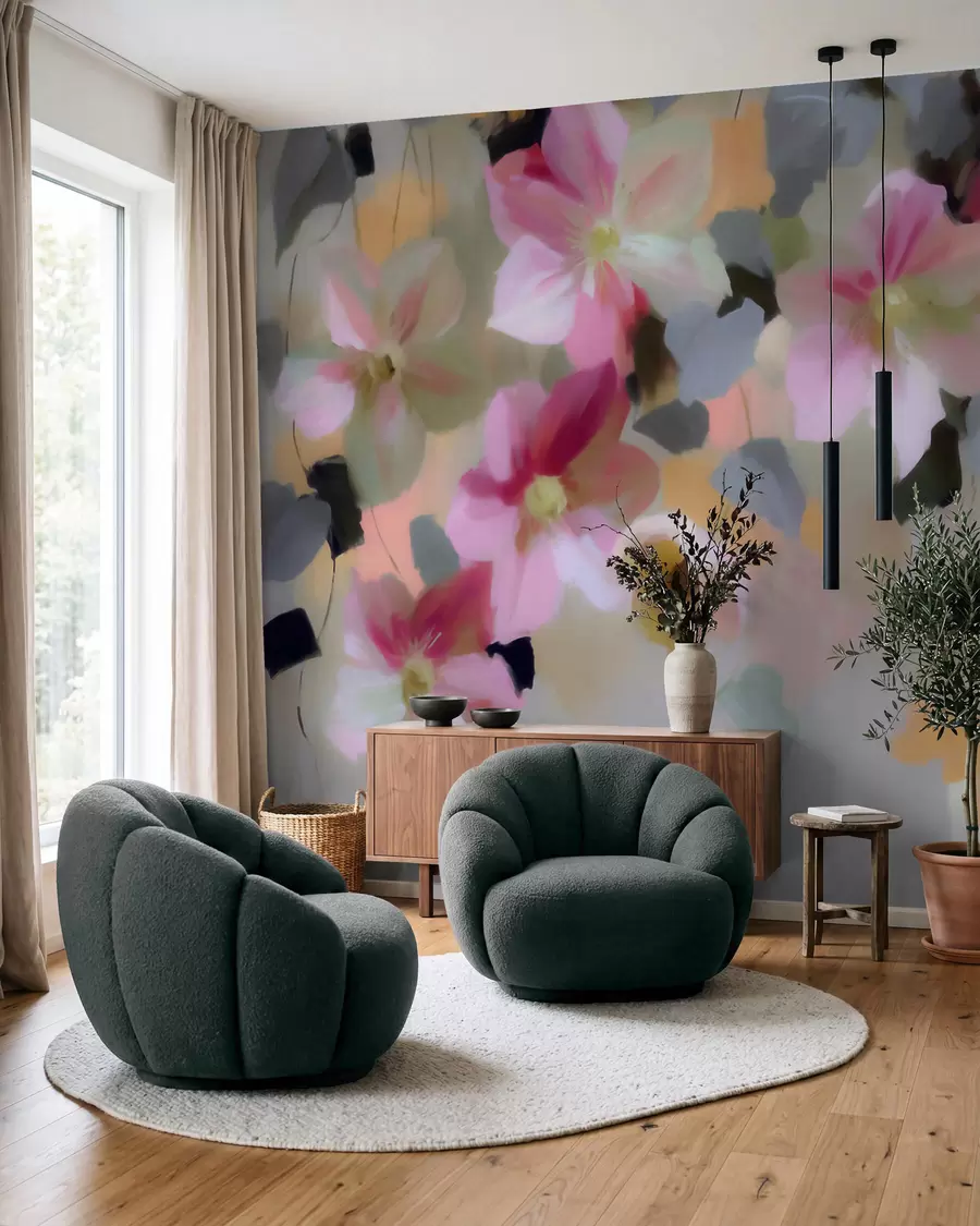 murais de parede Composição luminosa e arejada com flores suspensas em estilo aquarela w09931