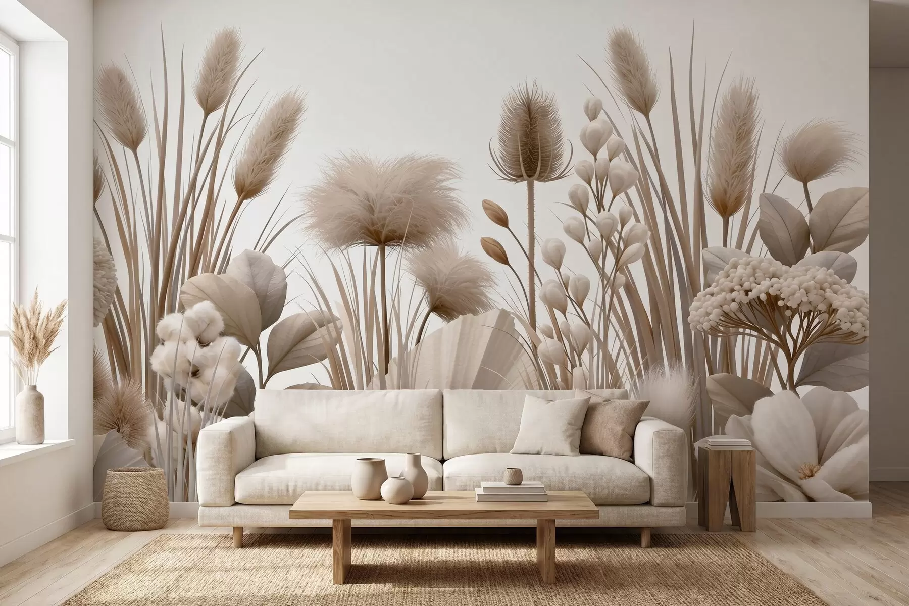 murais de parede Flores secas altas em tons neutros de bege w09932