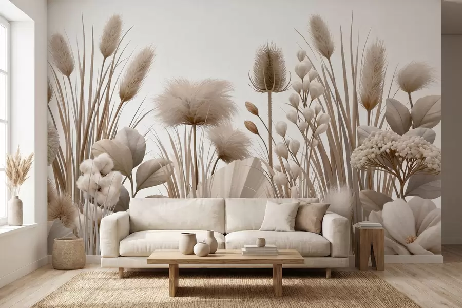 murais de parede Flores secas altas em tons neutros de bege w09932