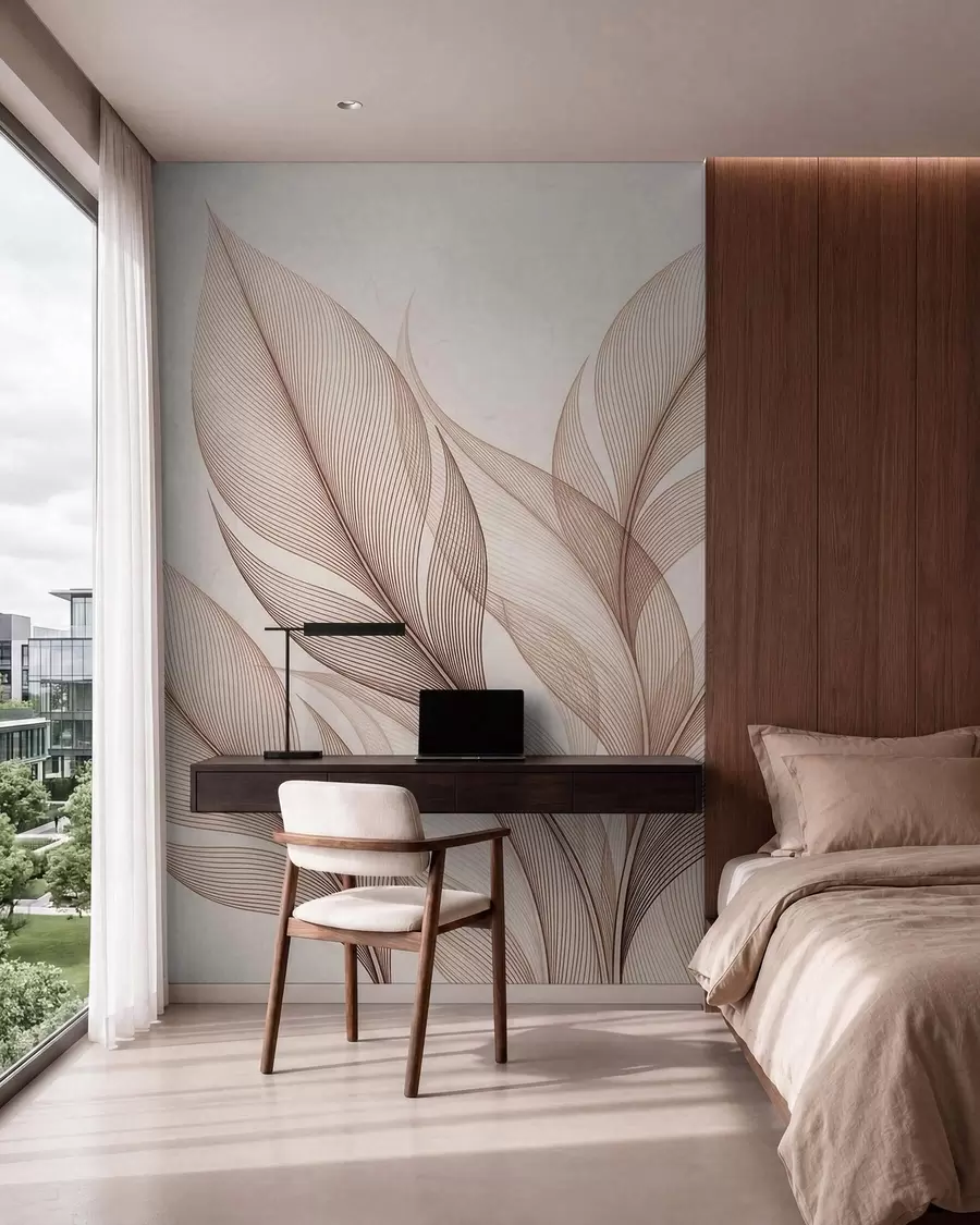 murais de parede Composição botânica elegante com folhas grandes e estilizadas w09944