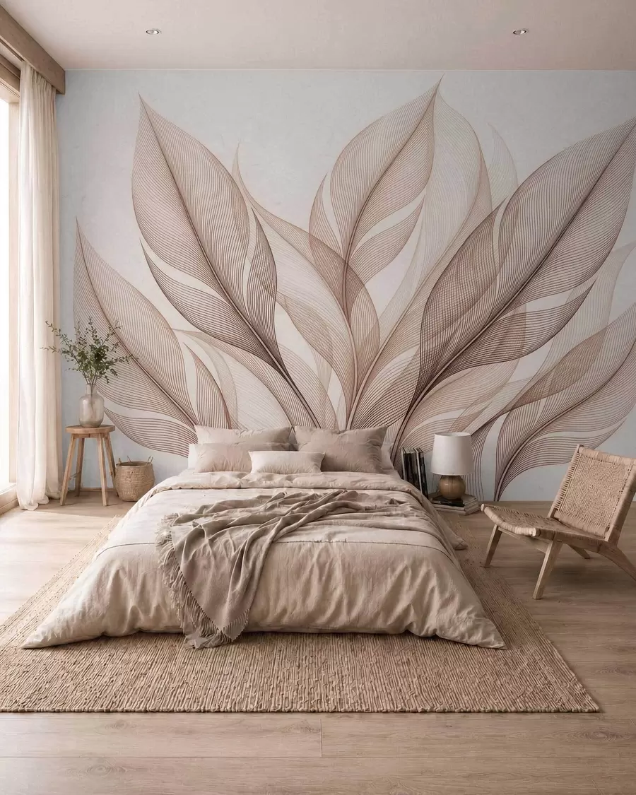 murais de parede Composição botânica elegante com folhas grandes e estilizadas w09944