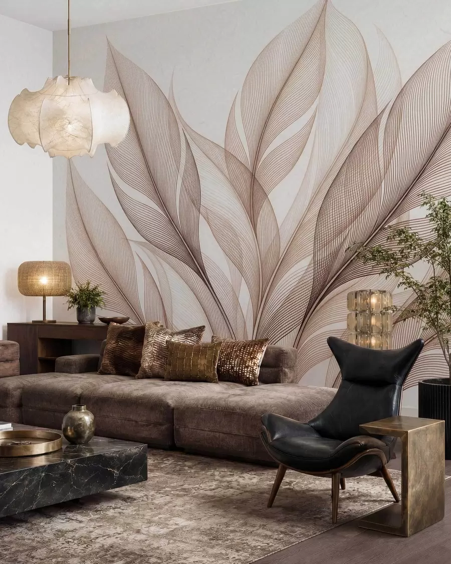 murais de parede Composição botânica elegante com folhas grandes e estilizadas w09944