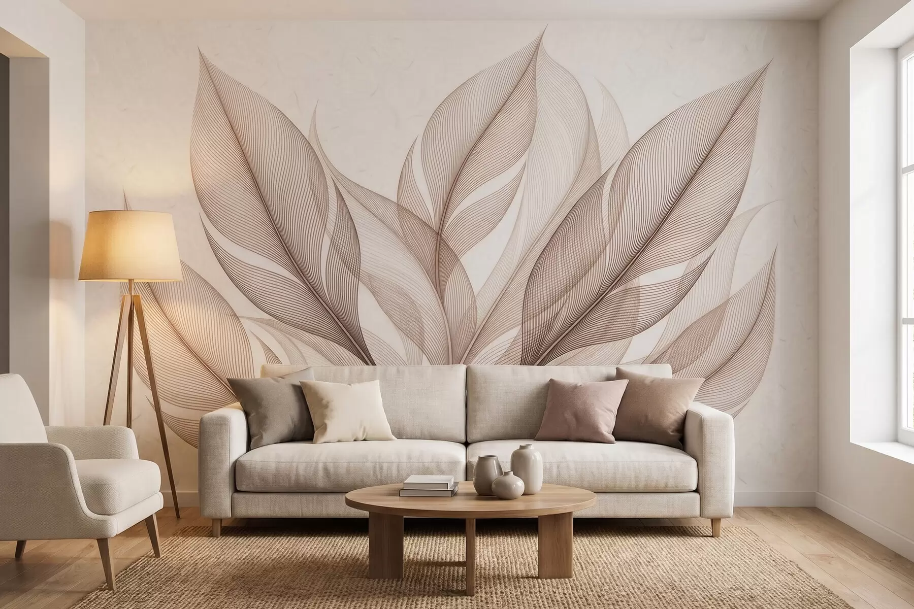 murais de parede Composição botânica elegante com folhas grandes e estilizadas w09944