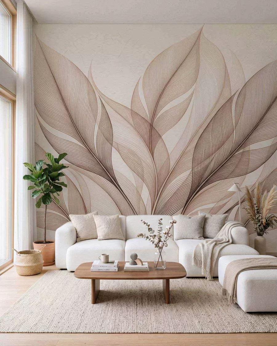 murais de parede Composição botânica elegante com folhas grandes e estilizadas w09944