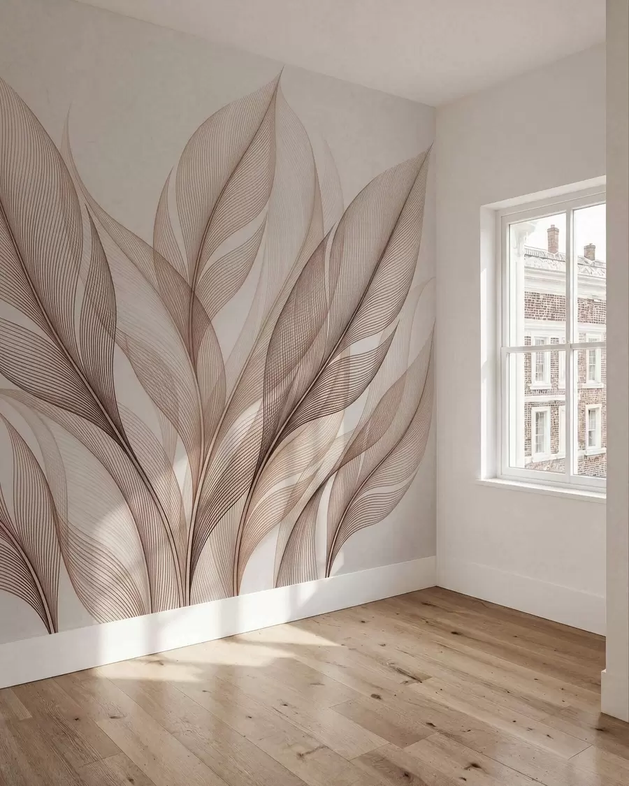 murais de parede Composição botânica elegante com folhas grandes e estilizadas w09944