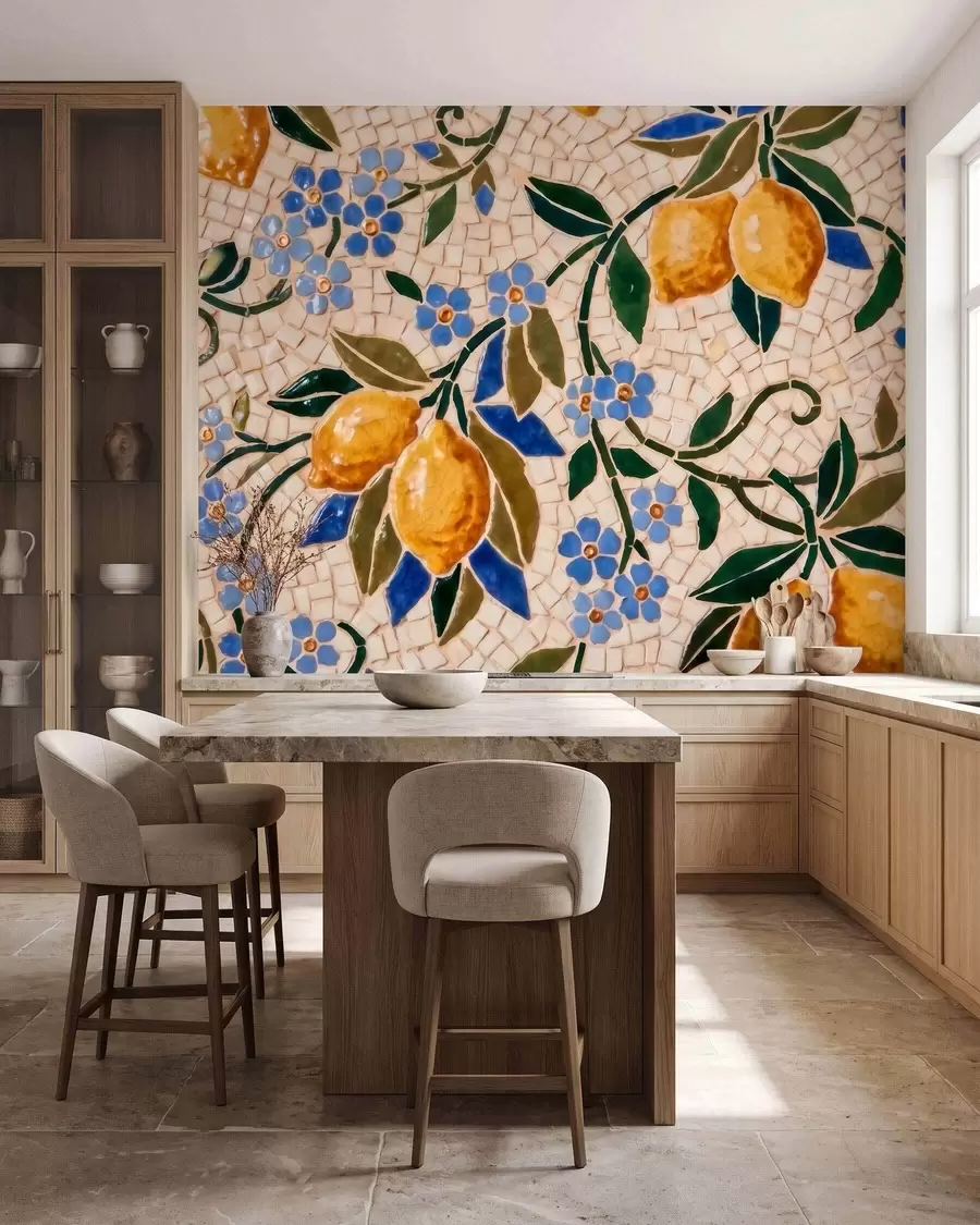 murais de parede Composição decorativa colorida em estilo de mosaico cerâmico com limões suculentos, flores, folhas e ramos w09948