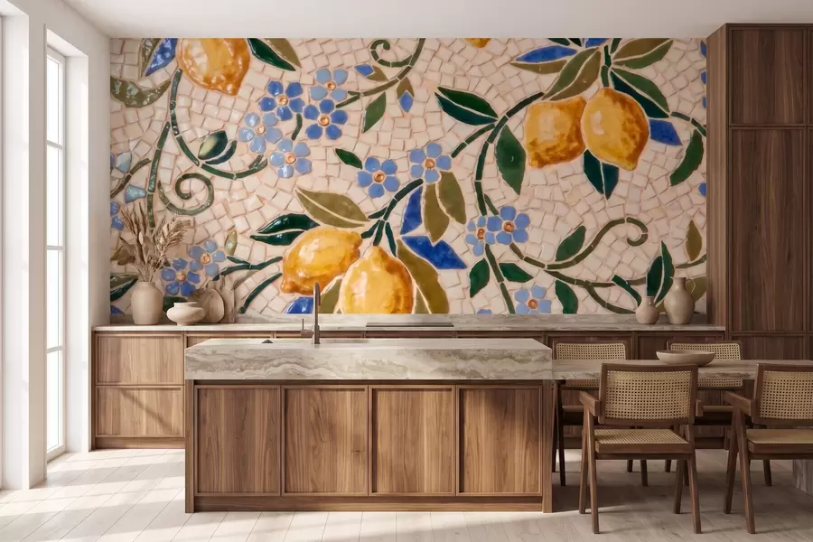 murais de parede Composição decorativa colorida em estilo de mosaico cerâmico com limões suculentos, flores, folhas e ramos w09948