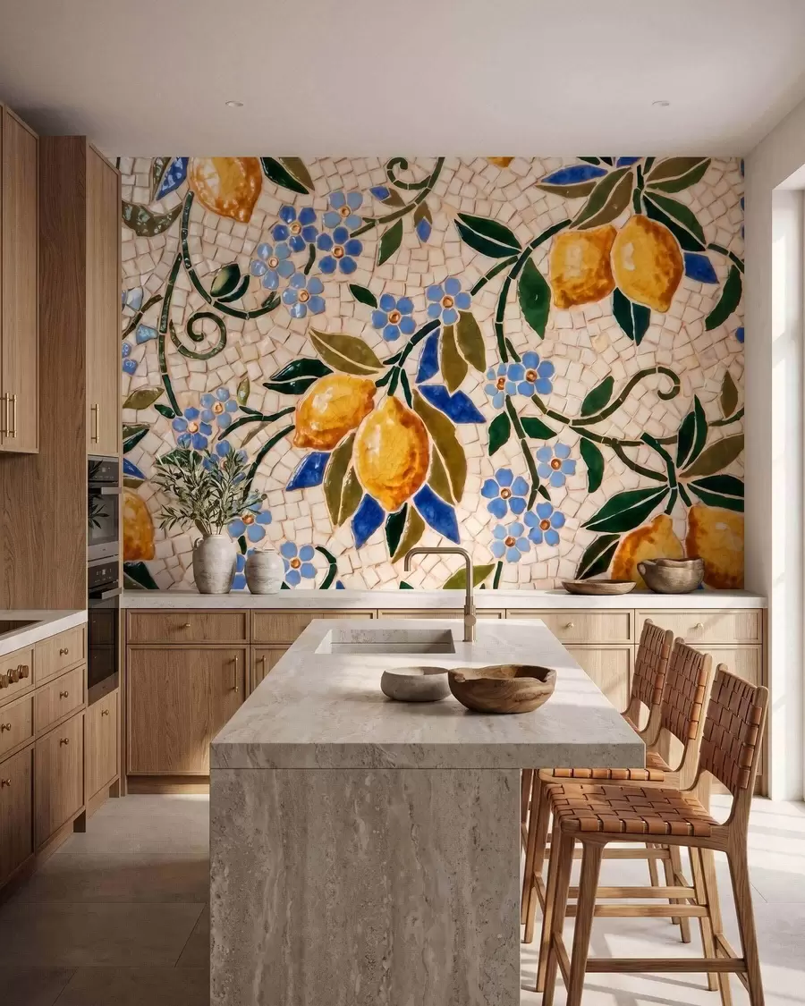 murais de parede Composição decorativa colorida em estilo de mosaico cerâmico com limões suculentos, flores, folhas e ramos w09948