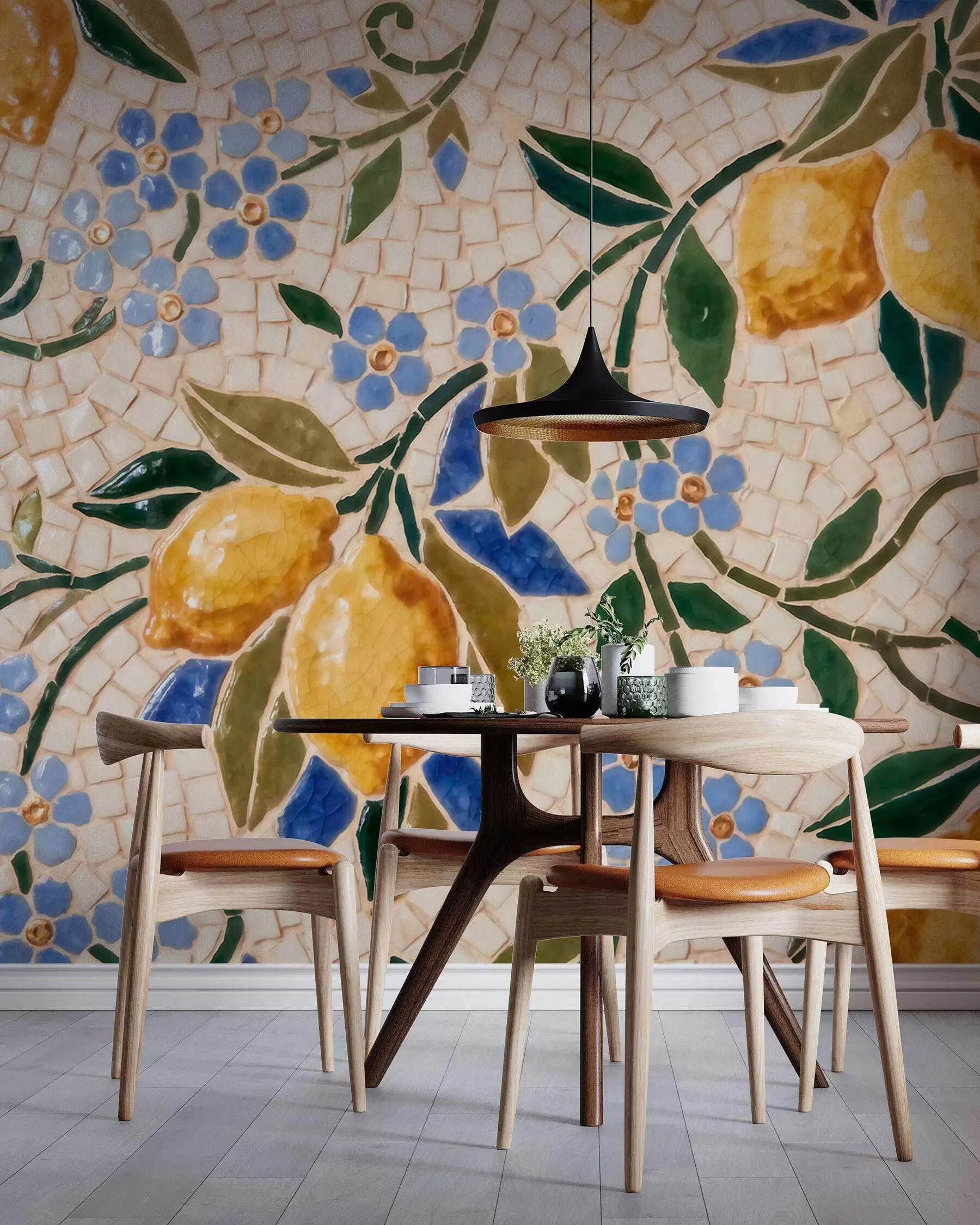 murais de parede Composição decorativa colorida em estilo de mosaico cerâmico com limões suculentos, flores, folhas e ramos w09948