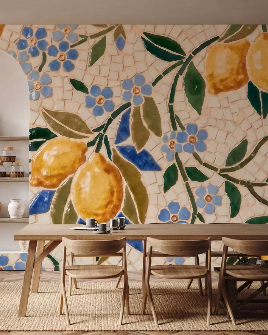 murais de parede Composição decorativa colorida em estilo de mosaico cerâmico com limões suculentos, flores, folhas e ramos w09948
