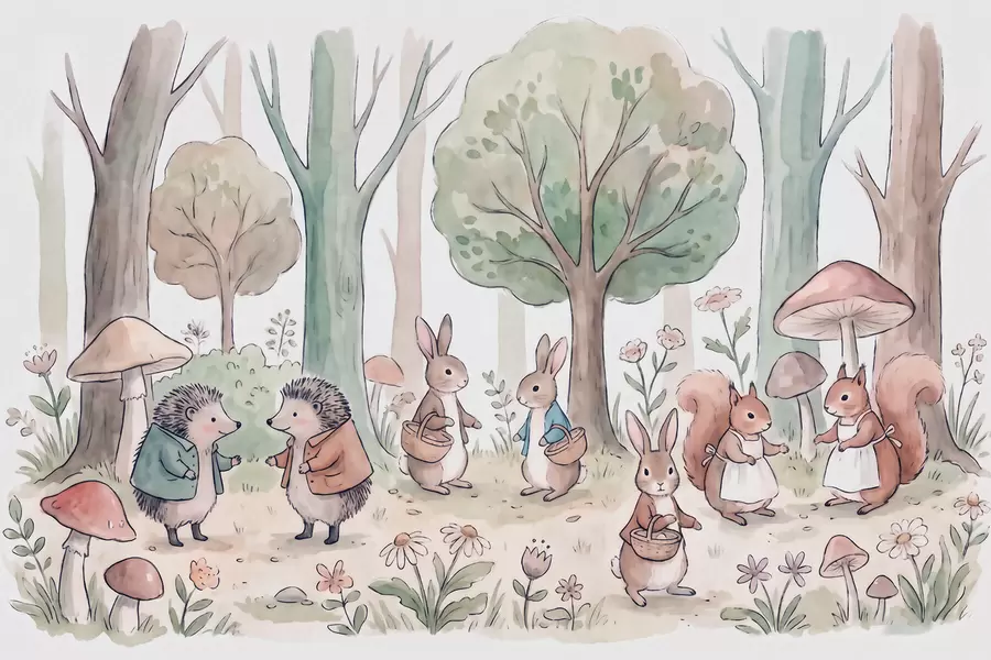 murais de parede Animais da floresta de contos de fadas numa floresta, em estilo aquarela w09951