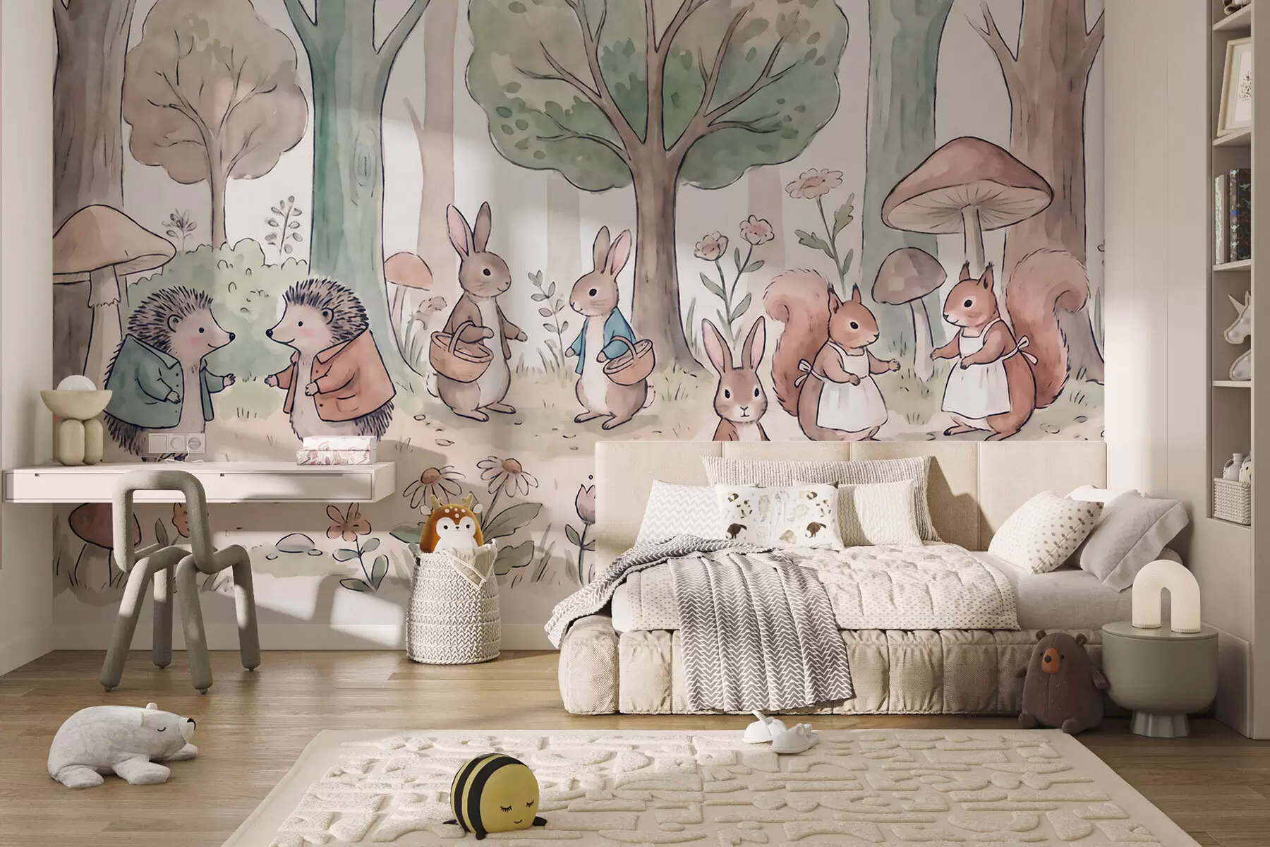 murais de parede Animais da floresta de contos de fadas numa floresta, em estilo aquarela w09951