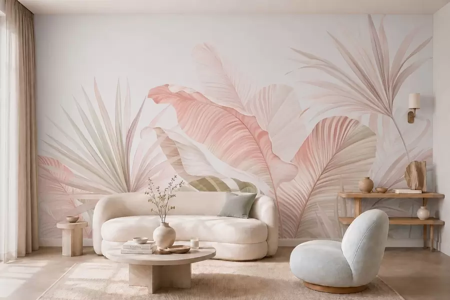 murais de parede Folhas tropicais delicadas em tons pastel w05810