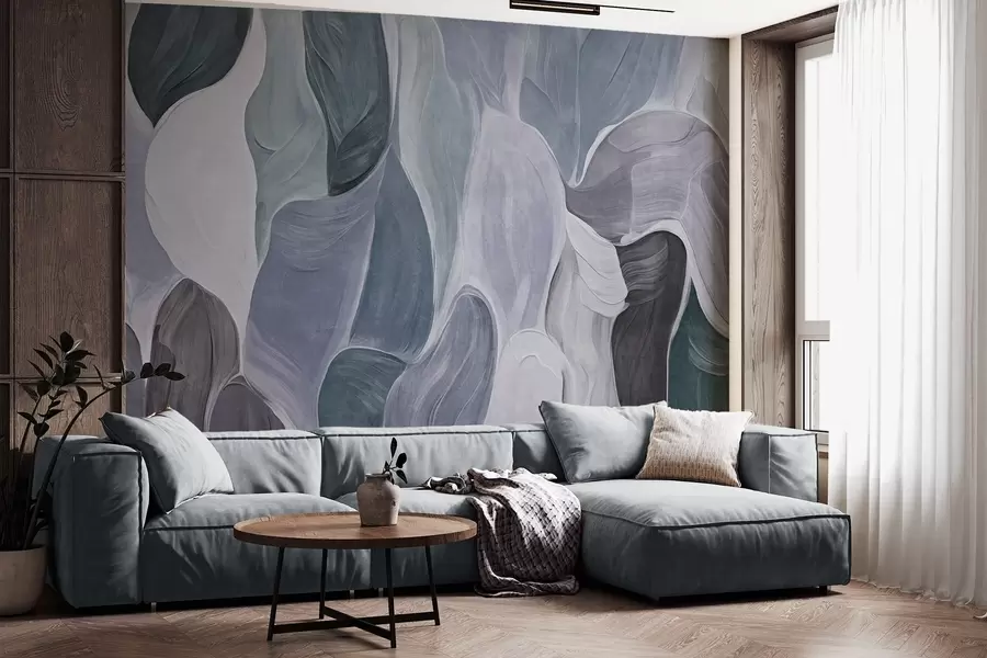 murais de parede Formas abstratas em tons suaves de azul e cinzento, imitação de pinceladas w09908v1