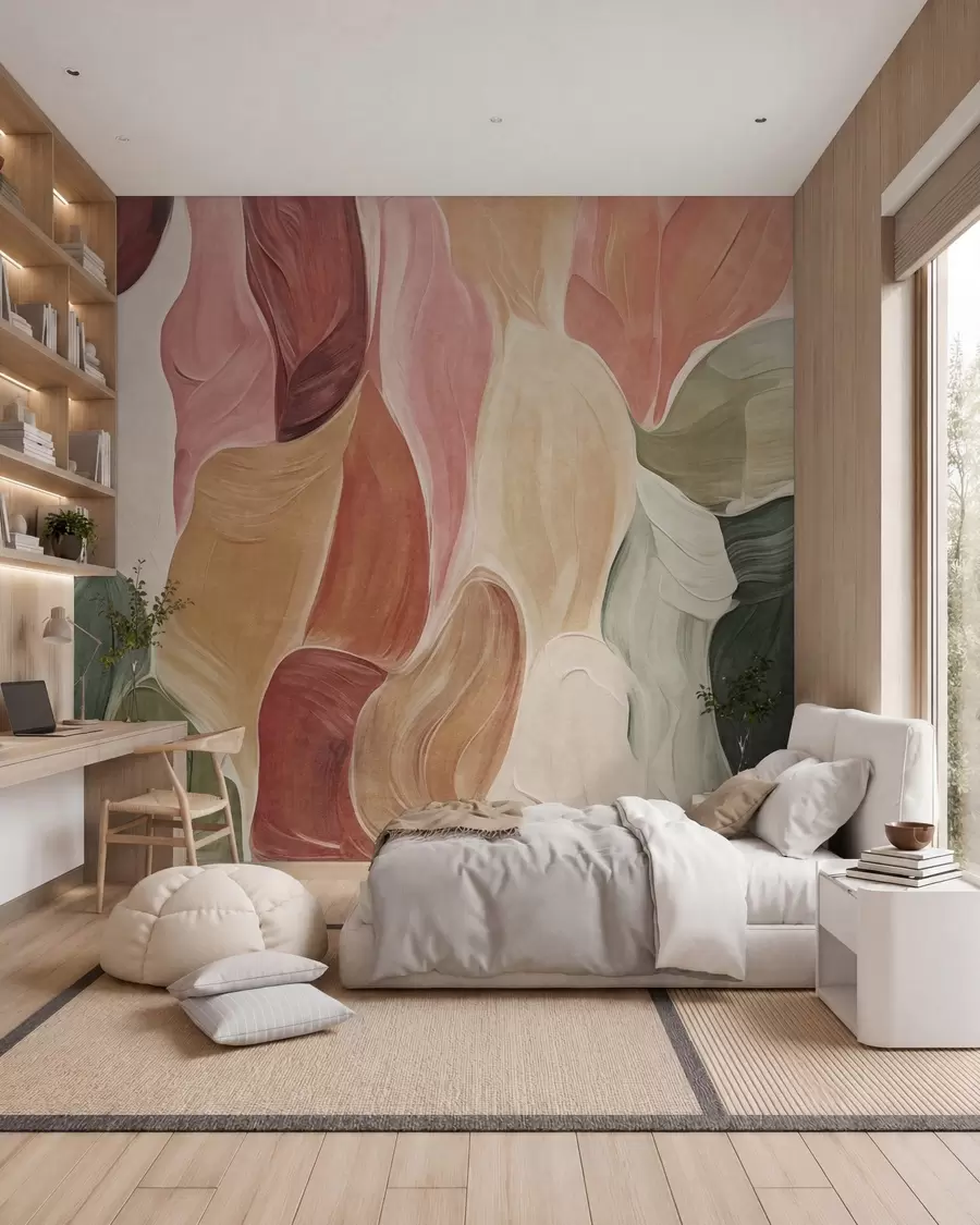 murais de parede Formas abstratas em tons suaves de rosa, pêssego e verde, com imitação de pinceladas w09908